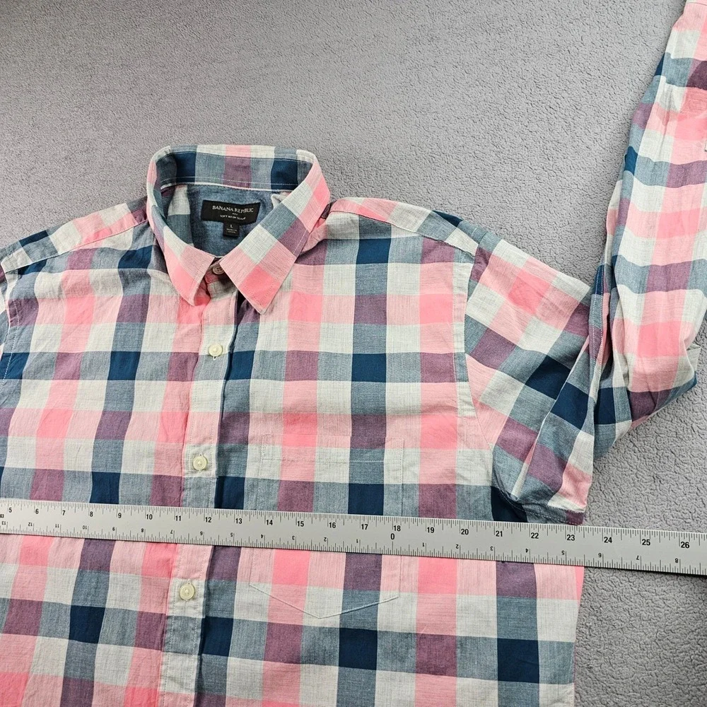 Banana Republic Shirt Men's Large‎ Blue Pink Plaid Soft Wash Slim Fit Button-Up